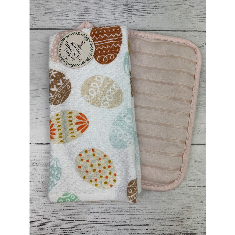 5/$25 Easter Kitchen Hand Towel and Pot Holder Set Farmhouse Egg Print